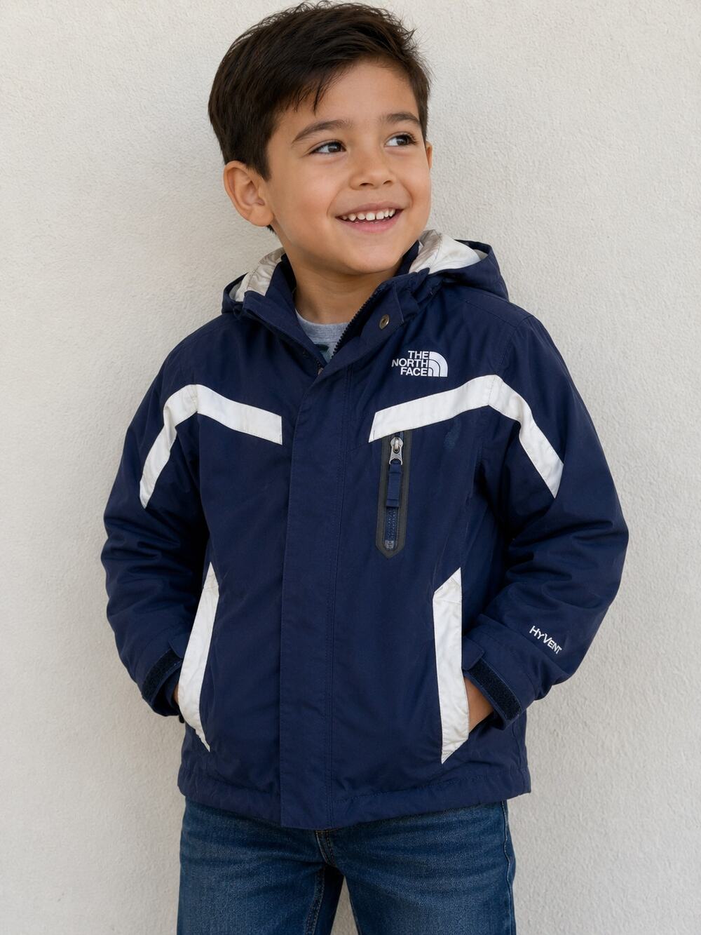 The North Face Boys HyVent Hooded windbraker Jacket Navy White Size XS 6